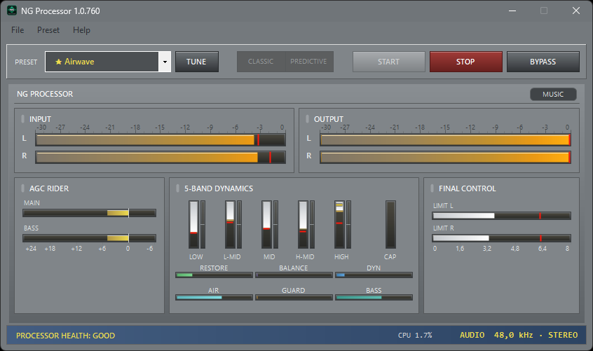 NG Processor in Classic mode with the Broadcast preset