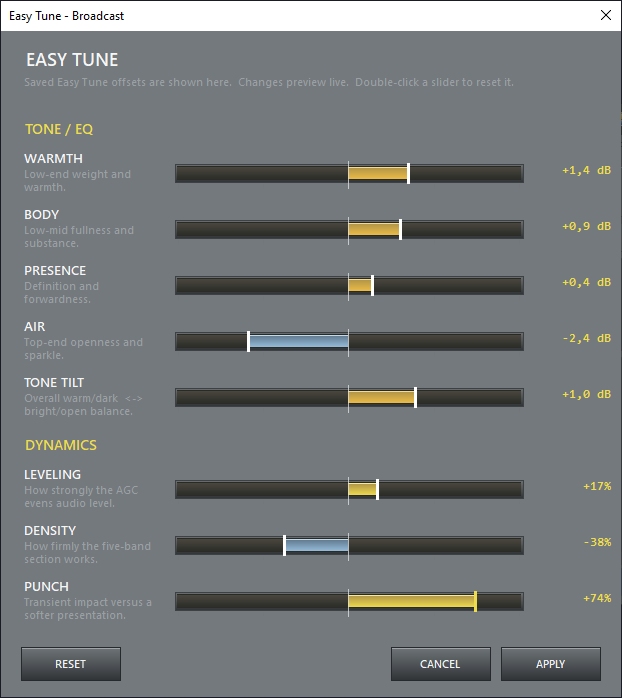 Easy Tune window with tone and dynamics sliders